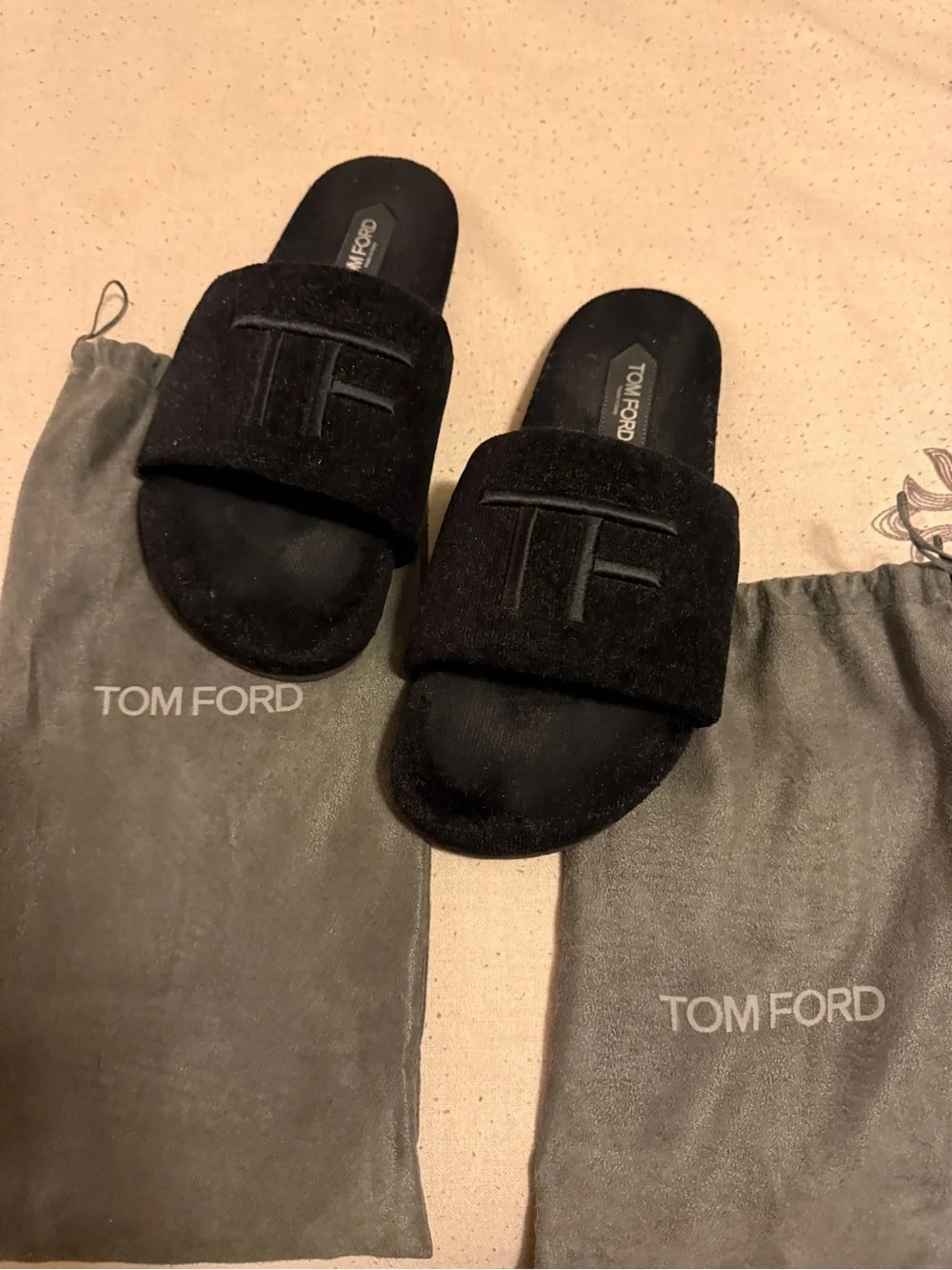 Tom Ford Black Velvet TF Embossed Slide Sandals